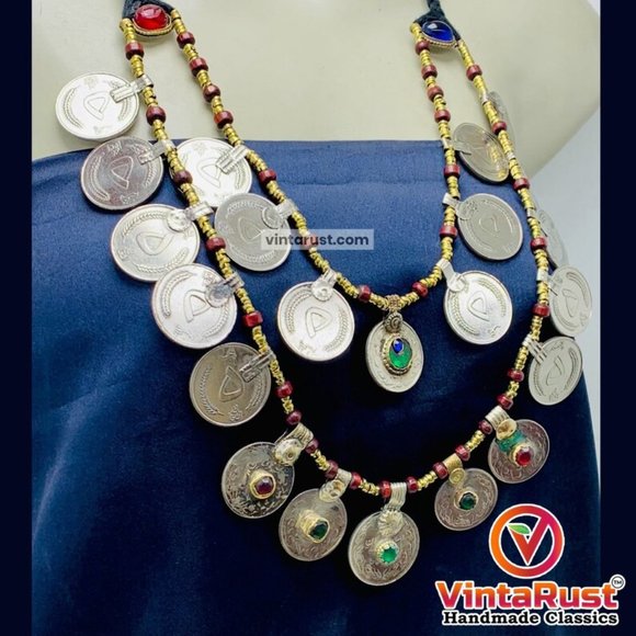 Multi-Strand Coins Necklace, Vintage Coins Necklace With Beaded Chain - Picture 3 of 9